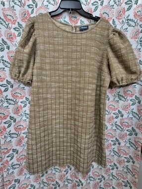 Women' Dress Mod Cloth Gold-Blend Plaid Puff-Sleeve Mini Dress Size XL